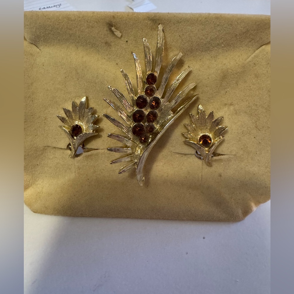 Vintage Rootbeer Rhinestone Brooch and Clip on earring set